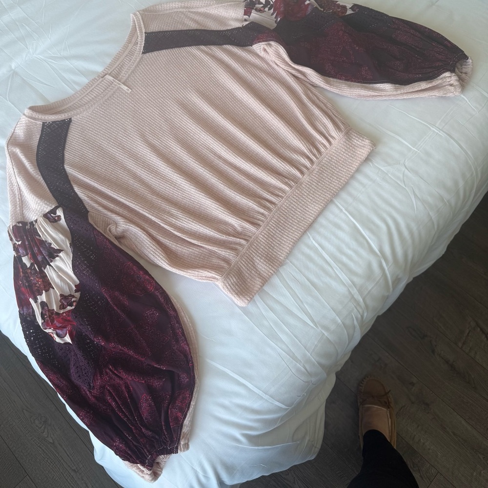 Free People Women's Top with Floral Sleeves